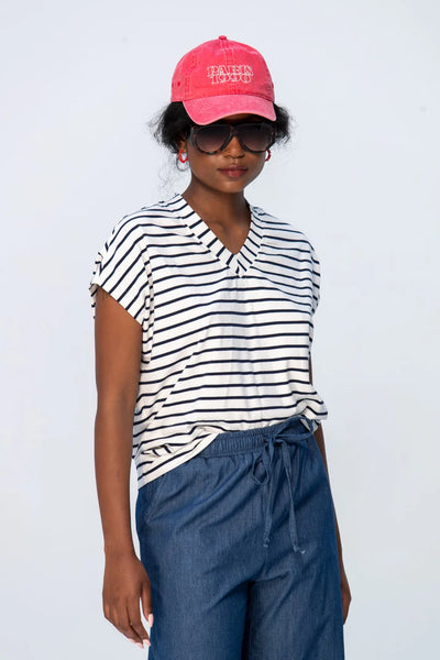 Corfu Summer V-Neck Tee - Navy & White Stripe