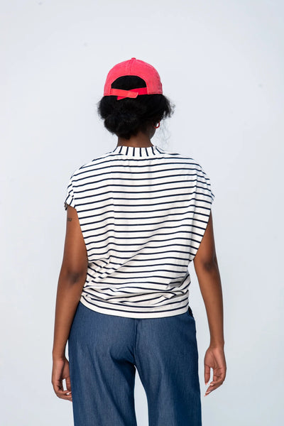 Corfu Summer V-Neck Tee - Navy & White Stripe