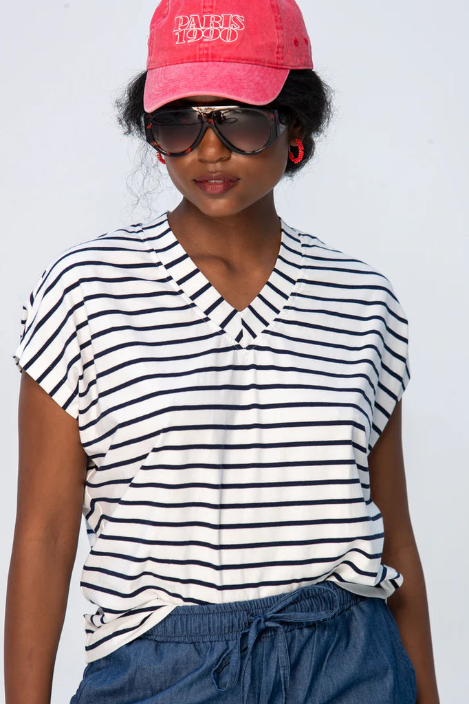 Corfu Summer V-Neck Tee - Navy & White Stripe