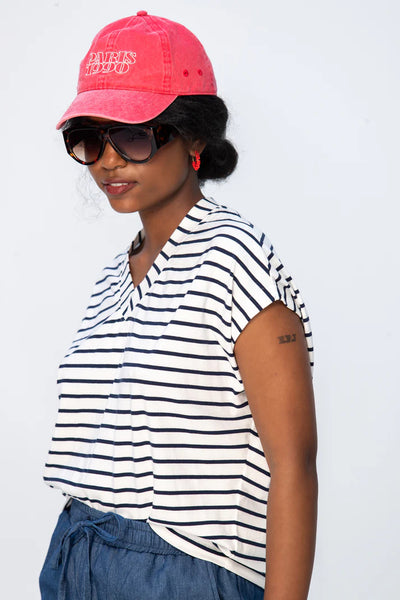 Corfu Summer V-Neck Tee - Navy & White Stripe