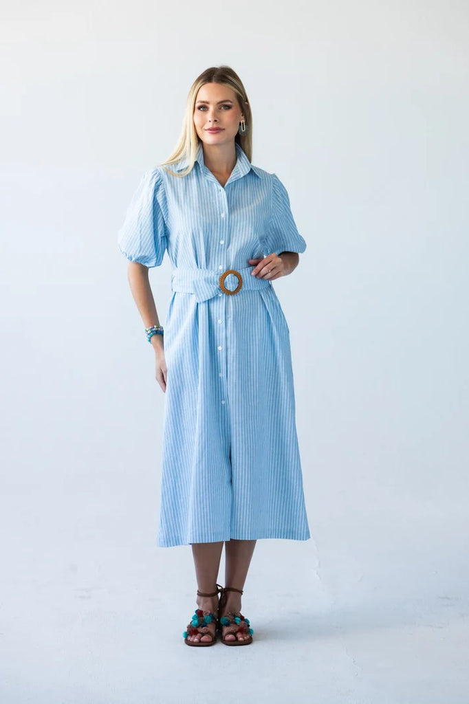 Harlow Puff Sleeve Blue Stripe Shirt Dress