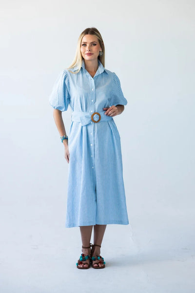 Harlow Puff Sleeve Blue Stripe Shirt Dress