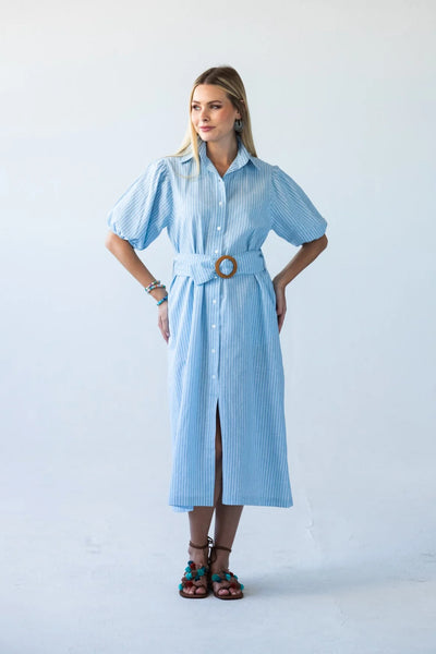 Harlow Puff Sleeve Blue Stripe Shirt Dress