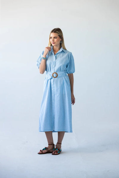 Harlow Puff Sleeve Blue Stripe Shirt Dress