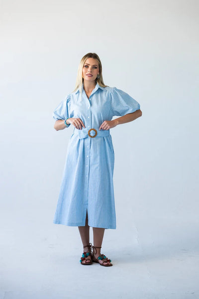 Harlow Puff Sleeve Blue Stripe Shirt Dress