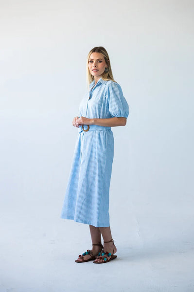 Harlow Puff Sleeve Blue Stripe Shirt Dress