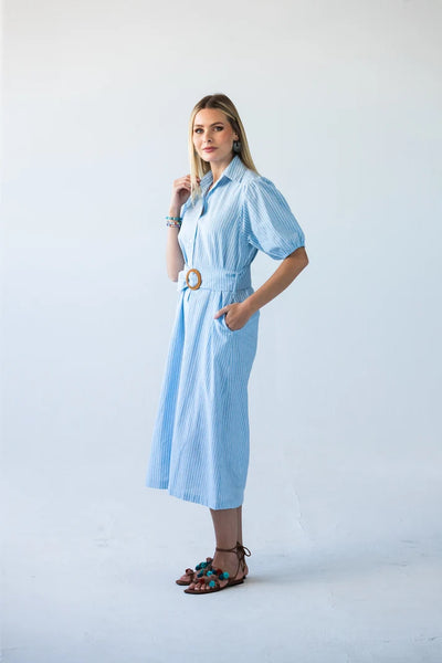 Harlow Puff Sleeve Blue Stripe Shirt Dress