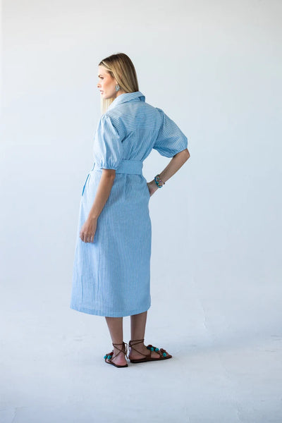 Harlow Puff Sleeve Blue Stripe Shirt Dress