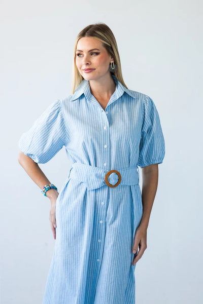 Harlow Puff Sleeve Blue Stripe Shirt Dress
