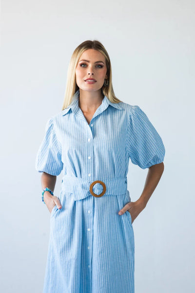 Harlow Puff Sleeve Blue Stripe Shirt Dress