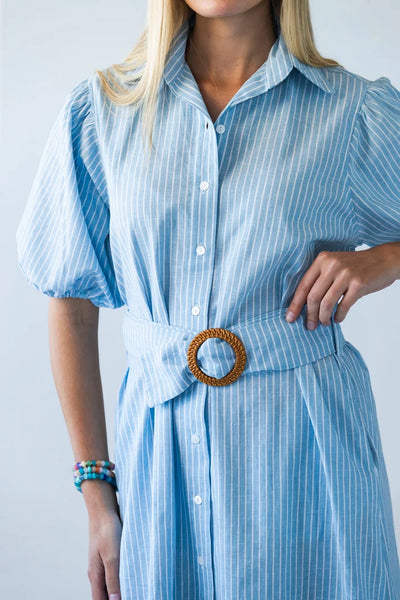 Harlow Puff Sleeve Blue Stripe Shirt Dress