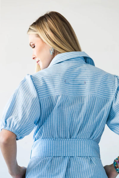 Harlow Puff Sleeve Blue Stripe Shirt Dress