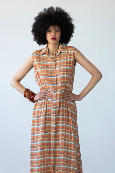 Sutton Sleeveless Shirt-Dress in Orange Check