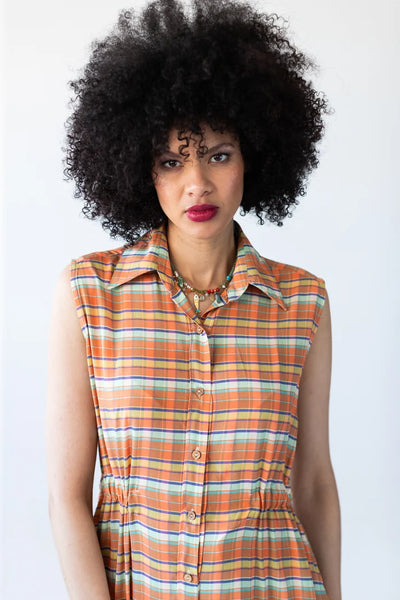 Sutton Sleeveless Shirt-Dress in Orange Check