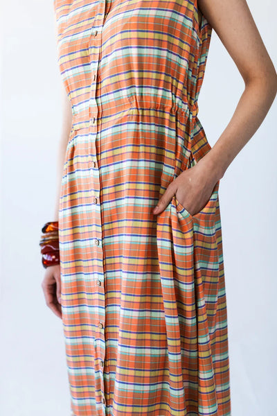 Sutton Sleeveless Shirt-Dress in Orange Check