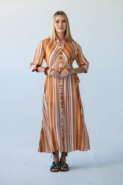 Cassidy Belted Shirt-Style Dress in Sunset Stripe