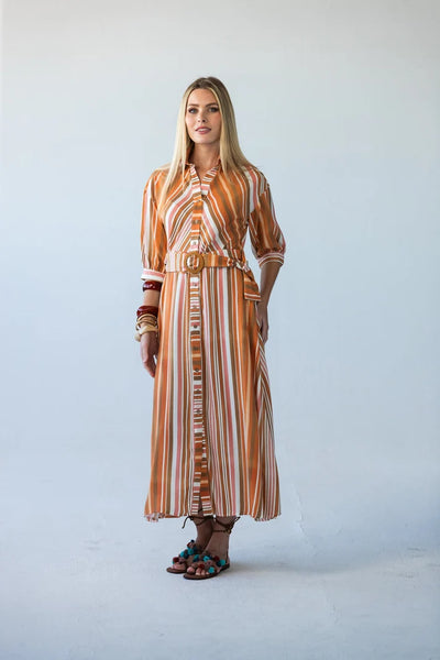 Cassidy Belted Shirt-Style Dress in Sunset Stripe
