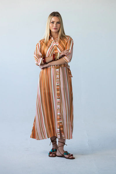Cassidy Belted Shirt-Style Dress in Sunset Stripe