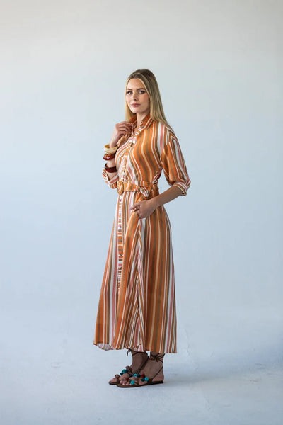 Cassidy Belted Shirt-Style Dress in Sunset Stripe