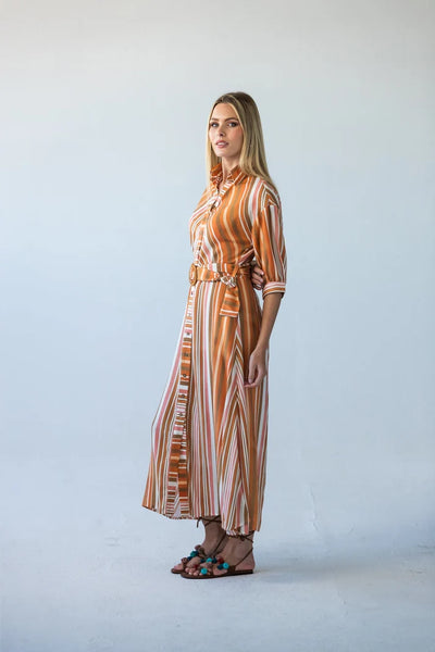 Cassidy Belted Shirt-Style Dress in Sunset Stripe