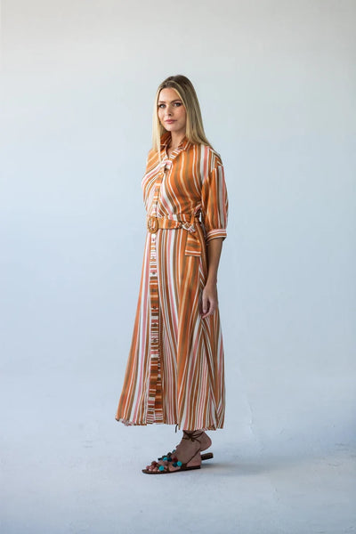 Cassidy Belted Shirt-Style Dress in Sunset Stripe