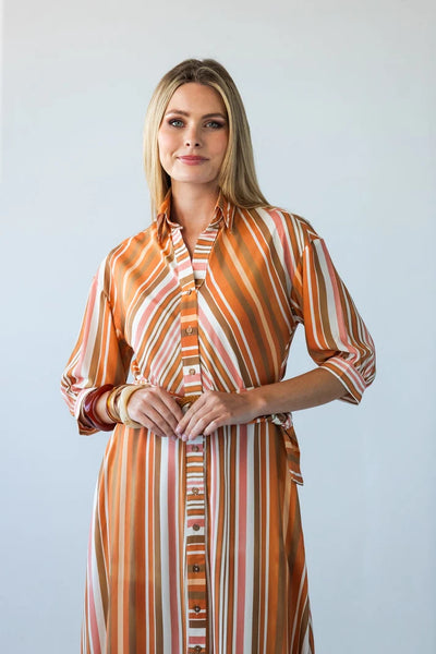 Cassidy Belted Shirt-Style Dress in Sunset Stripe