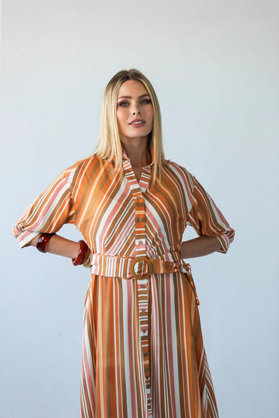 Cassidy Belted Shirt-Style Dress in Sunset Stripe