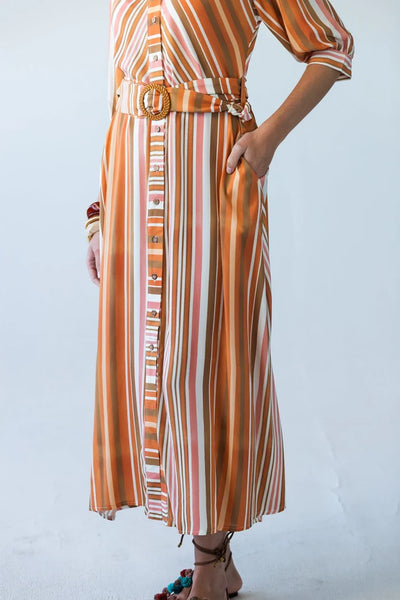 Cassidy Belted Shirt-Style Dress in Sunset Stripe