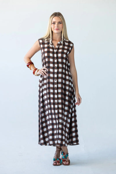 Sutton Sleeveless Shirt-Dress in Chocolate Check