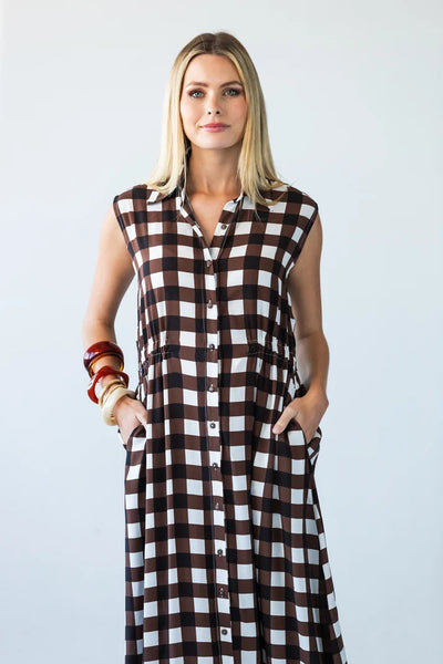 Sutton Sleeveless Shirt-Dress in Chocolate Check