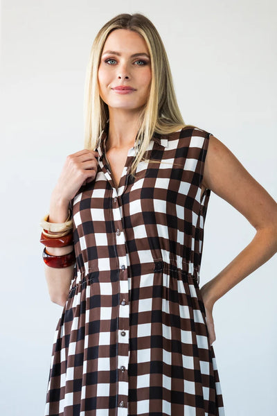 Sutton Sleeveless Shirt-Dress in Chocolate Check