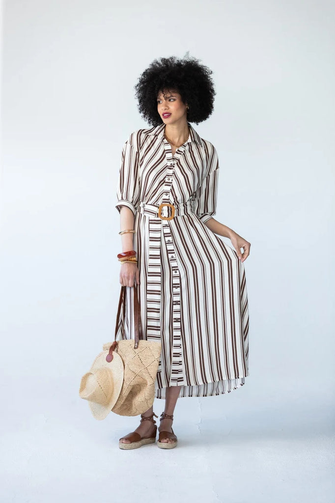 Cassidy Belted Shirt-Style Dress in Creme and Chocolate Stripe