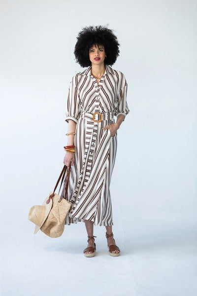Cassidy Belted Shirt-Style Dress in Creme and Chocolate Stripe