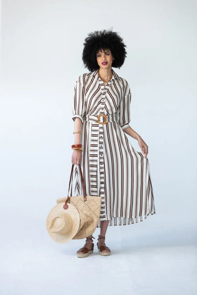 Cassidy Belted Shirt-Style Dress in Creme and Chocolate Stripe