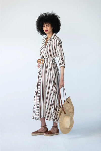 Cassidy Belted Shirt-Style Dress in Creme and Chocolate Stripe