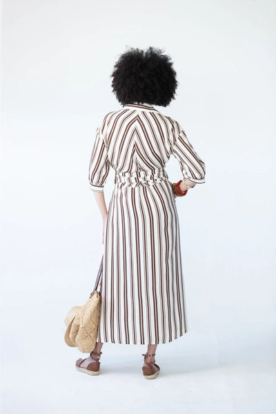 Cassidy Belted Shirt-Style Dress in Creme and Chocolate Stripe
