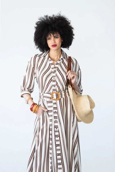Cassidy Belted Shirt-Style Dress in Creme and Chocolate Stripe