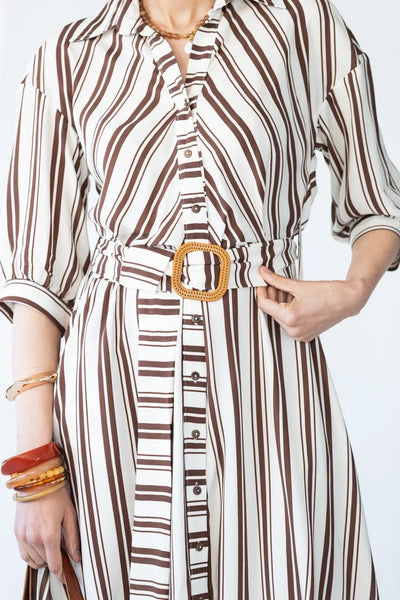 Cassidy Belted Shirt-Style Dress in Creme and Chocolate Stripe