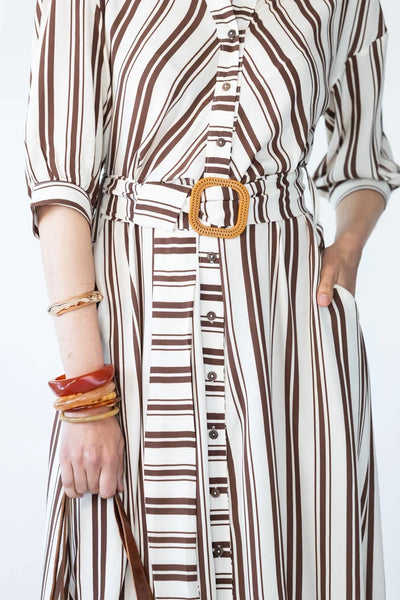 Cassidy Belted Shirt-Style Dress in Creme and Chocolate Stripe