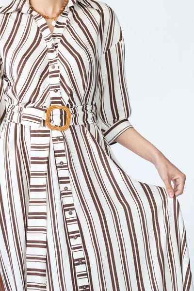 Cassidy Belted Shirt-Style Dress in Creme and Chocolate Stripe