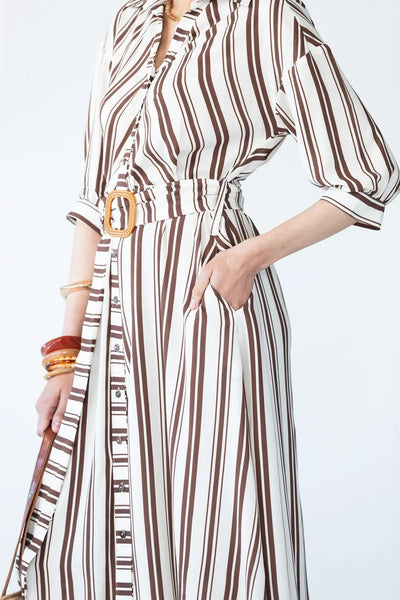 Cassidy Belted Shirt-Style Dress in Creme and Chocolate Stripe