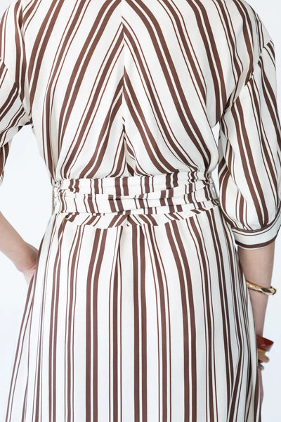 Cassidy Belted Shirt-Style Dress in Creme and Chocolate Stripe
