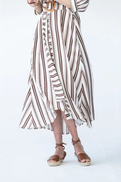 Cassidy Belted Shirt-Style Dress in Creme and Chocolate Stripe