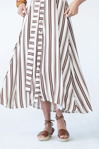Cassidy Belted Shirt-Style Dress in Creme and Chocolate Stripe