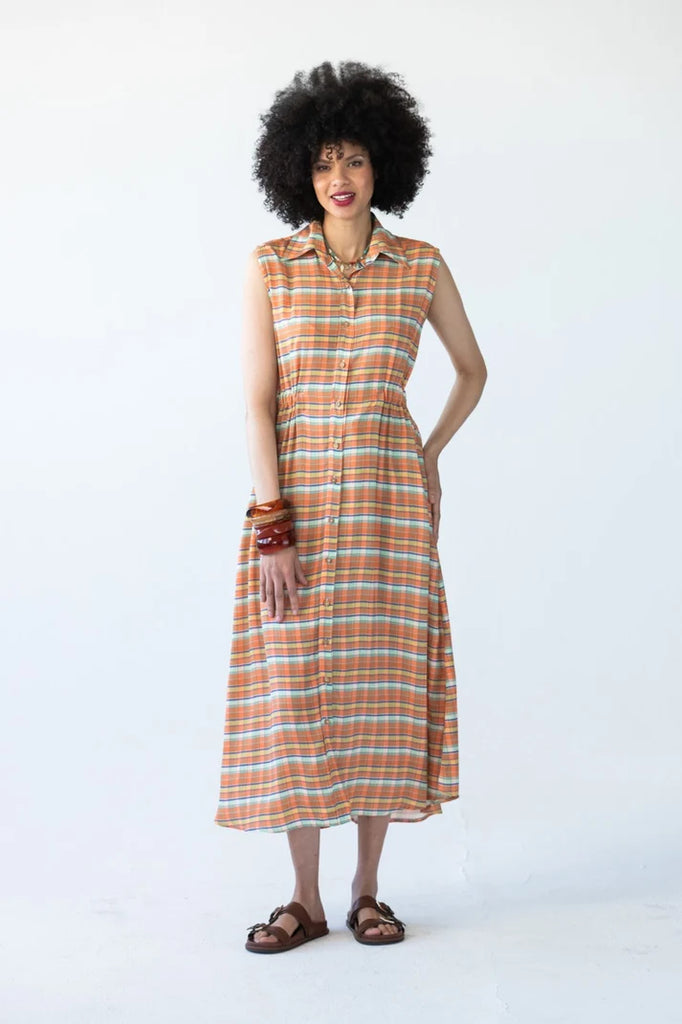 Sutton Sleeveless Shirt-Dress in Orange Check