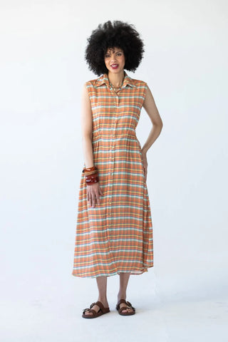 Sutton Sleeveless Shirt-Dress in Orange Check