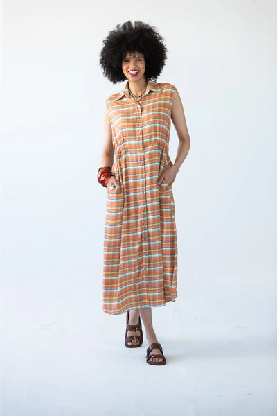 Sutton Sleeveless Shirt-Dress in Orange Check