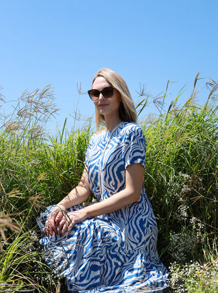 Hailey - Blue Zebra: Classic Short Sleeve Tiered Midi Dress