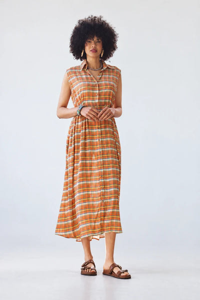 Sutton Sleeveless Shirt-Dress in Orange Check