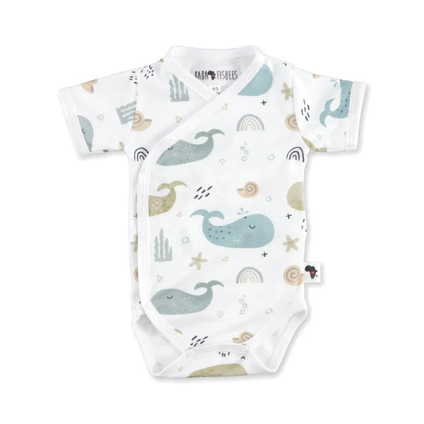 Short Sleeve Wrap Onesie - Whales on White